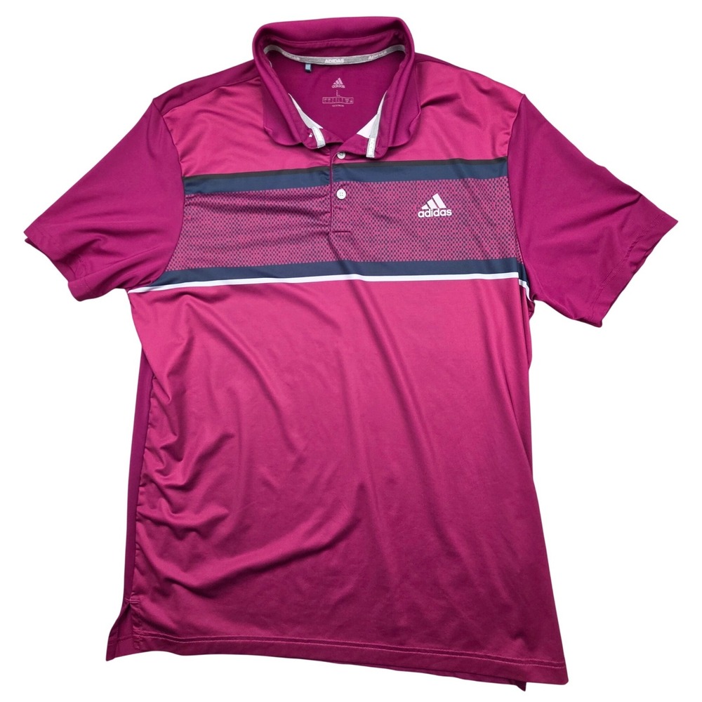 Adidas Golf Polo Shirt Mens L Magenta‎ Gray Stripe Performance Logo